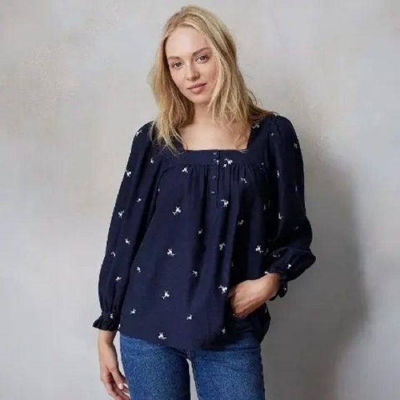Navy Blue Peasant Blouse Square Neck Floral Embroidered Puff Sleeve Cottagecore - Picture 1 of 8